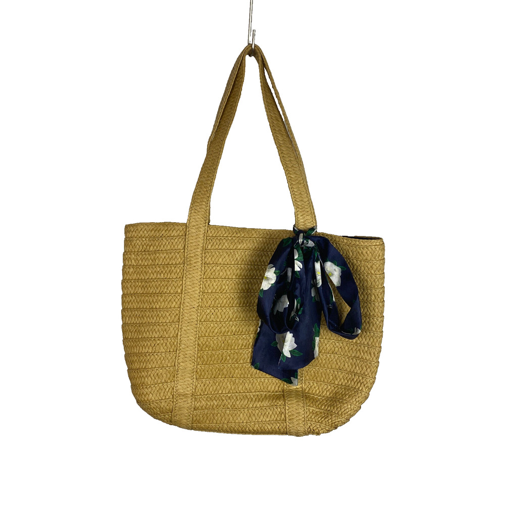 Draper James Everday Straw Small Tote Beach Market Shoulder Bag Blue Floral Bow